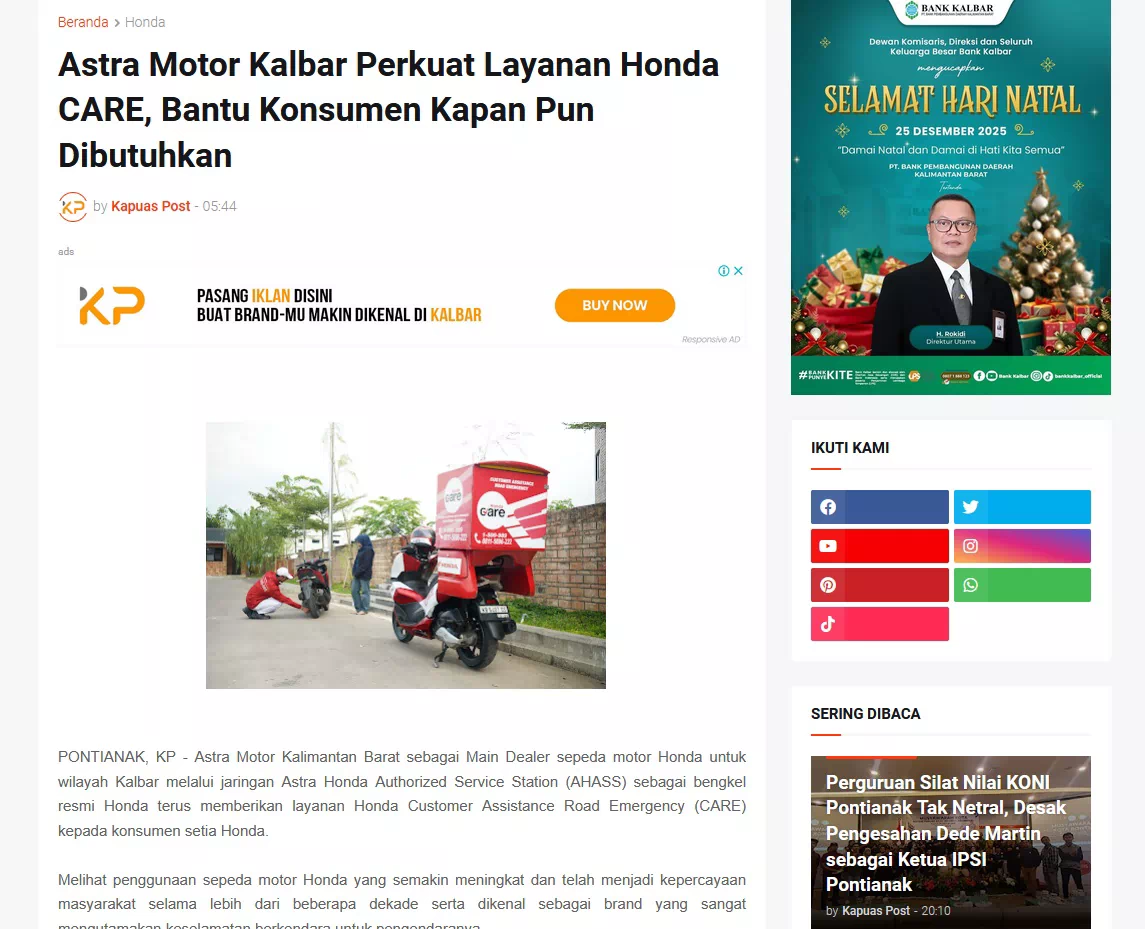 Astra Motor Kalbar Perkuat Layanan Honda CARE, Bantu Konsumen Kapan Pun Dibutuhkan