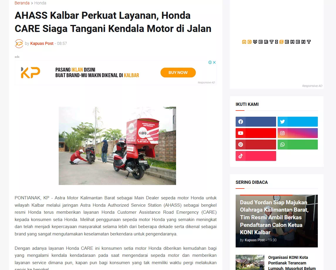 AHASS Kalbar Perkuat Layanan, Honda CARE Siaga Tangani Kendala Motor di Jalan