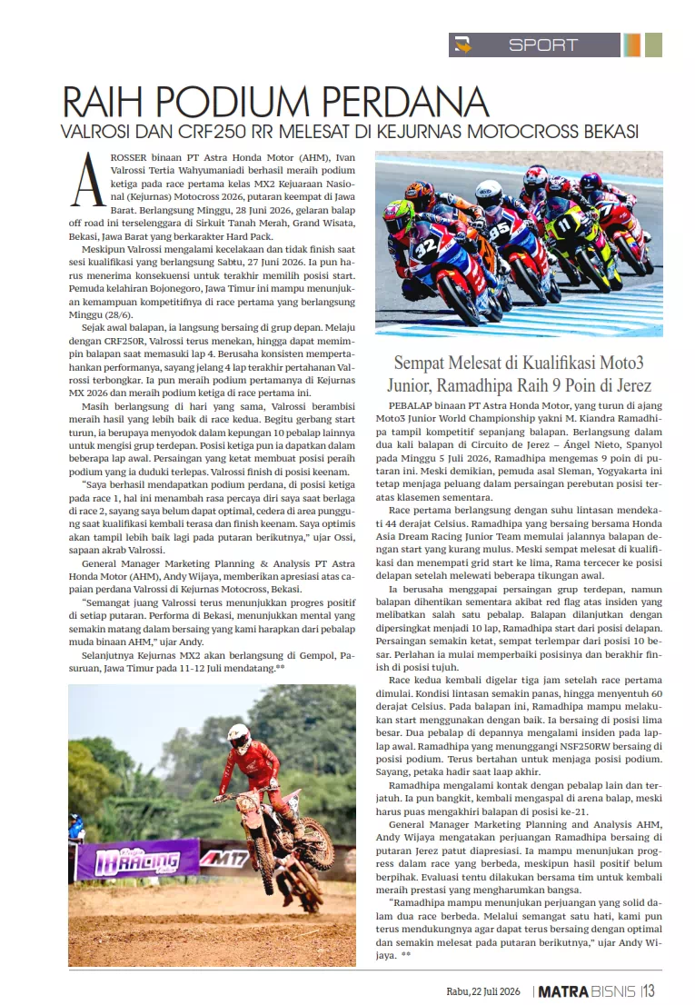 RAIH PODIUM PERDANA VALROSI DAN CRF250 RR MELESAT DI KEJURNAS MOTOCROSS BEKASI