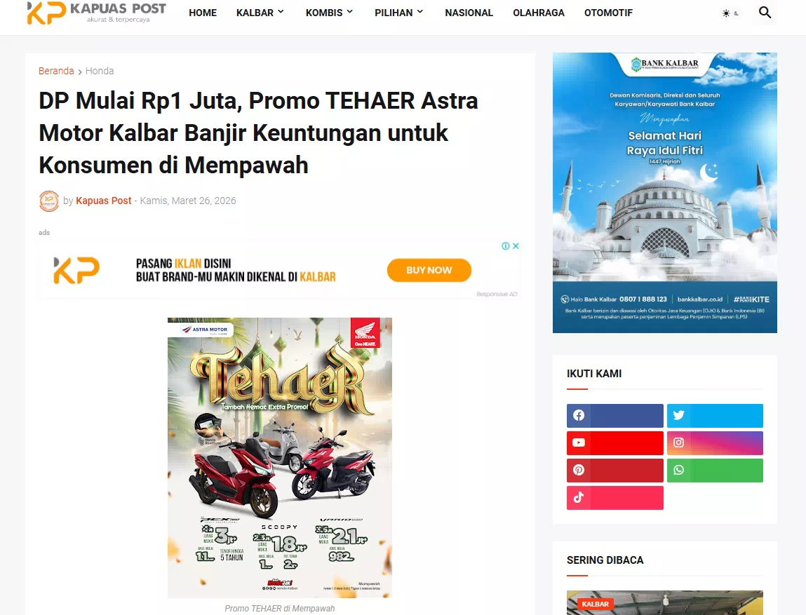 DP Mulai Rp1 Juta, Promo TEHAER Astra Motor Kalbar Banjir Keuntungan untuk Konsumen di Mempawah