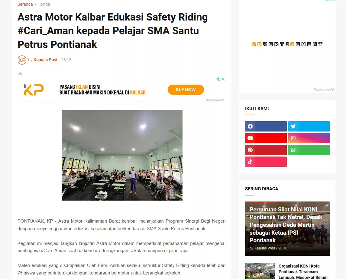 Astra Motor Kalbar Edukasi Safety Riding #Cari_Aman kepada Pelajar SMA Santu Petrus Pontianak