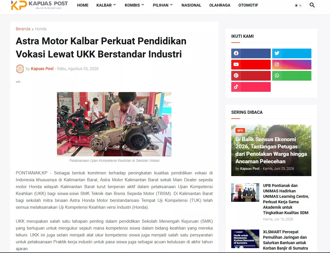 Astra Motor Kalbar Perkuat Pendidikan Vokasi Lewat UKK Berstandar Industri