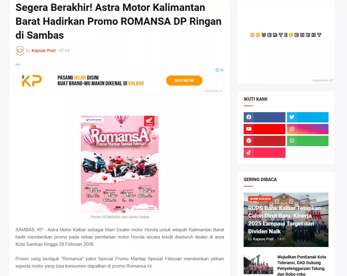 Segera Berakhir! Astra Motor Kalimantan Barat Hadirkan Promo ROMANSA DP Ringan di Sambas