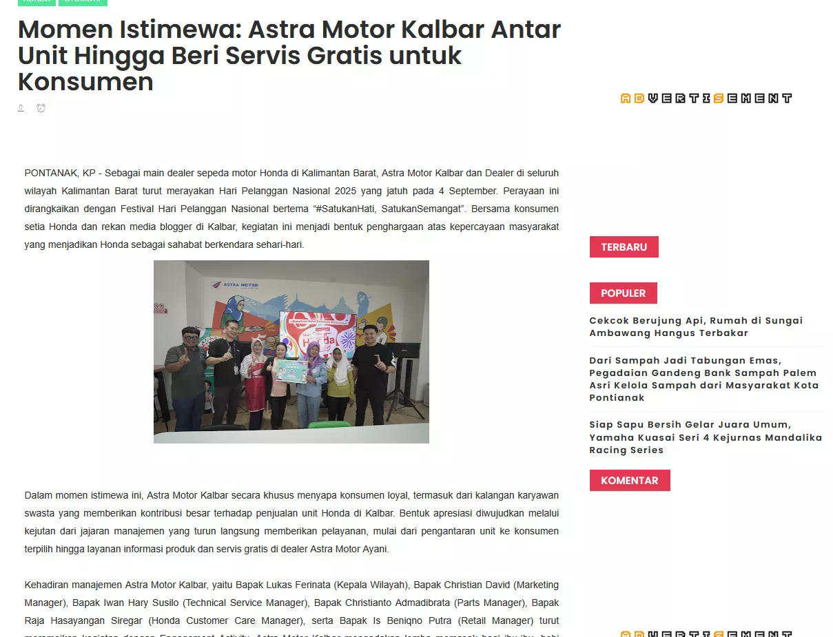 Momen Istimewa: Astra Motor Kalbar Antar Unit Hingga Beri Servis Gratis untuk Konsumen