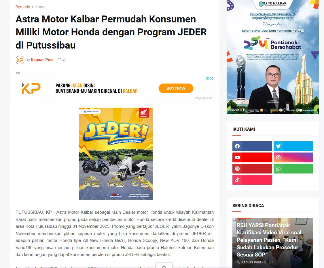 Astra Motor Kalbar Permudah Konsumen Miliki Motor Honda dengan Program JEDER di Putussibau