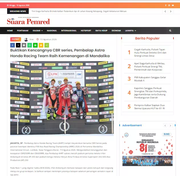Buktikan Kencangnya CBR series, Pembalap Astra Honda Racing Team Raih Kemenangan di Mandalika