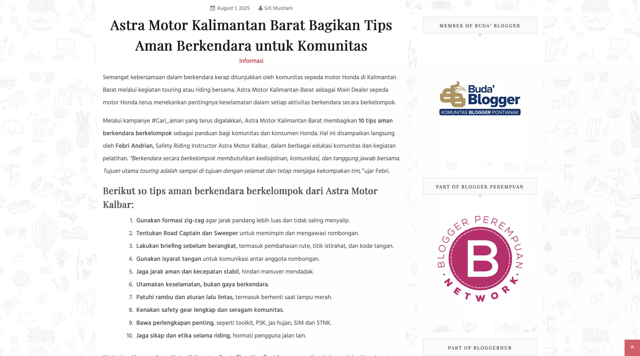 Astra Motor Kalimantan Barat Bagikan Tips Aman Berkendara untuk Komunitas