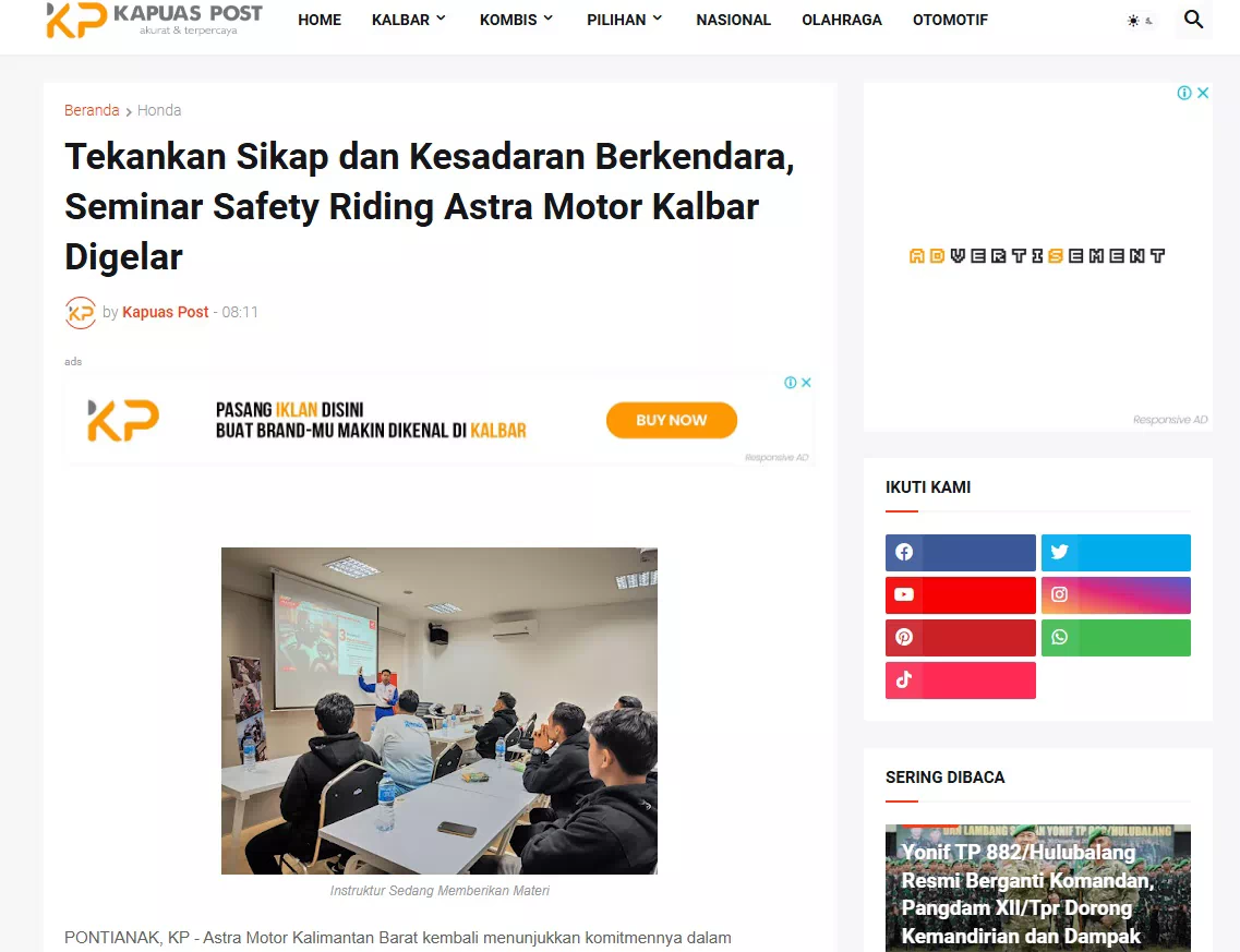 Tekankan Sikap dan Kesadaran Berkendara, Seminar Safety Riding Astra Motor Kalbar Digelar