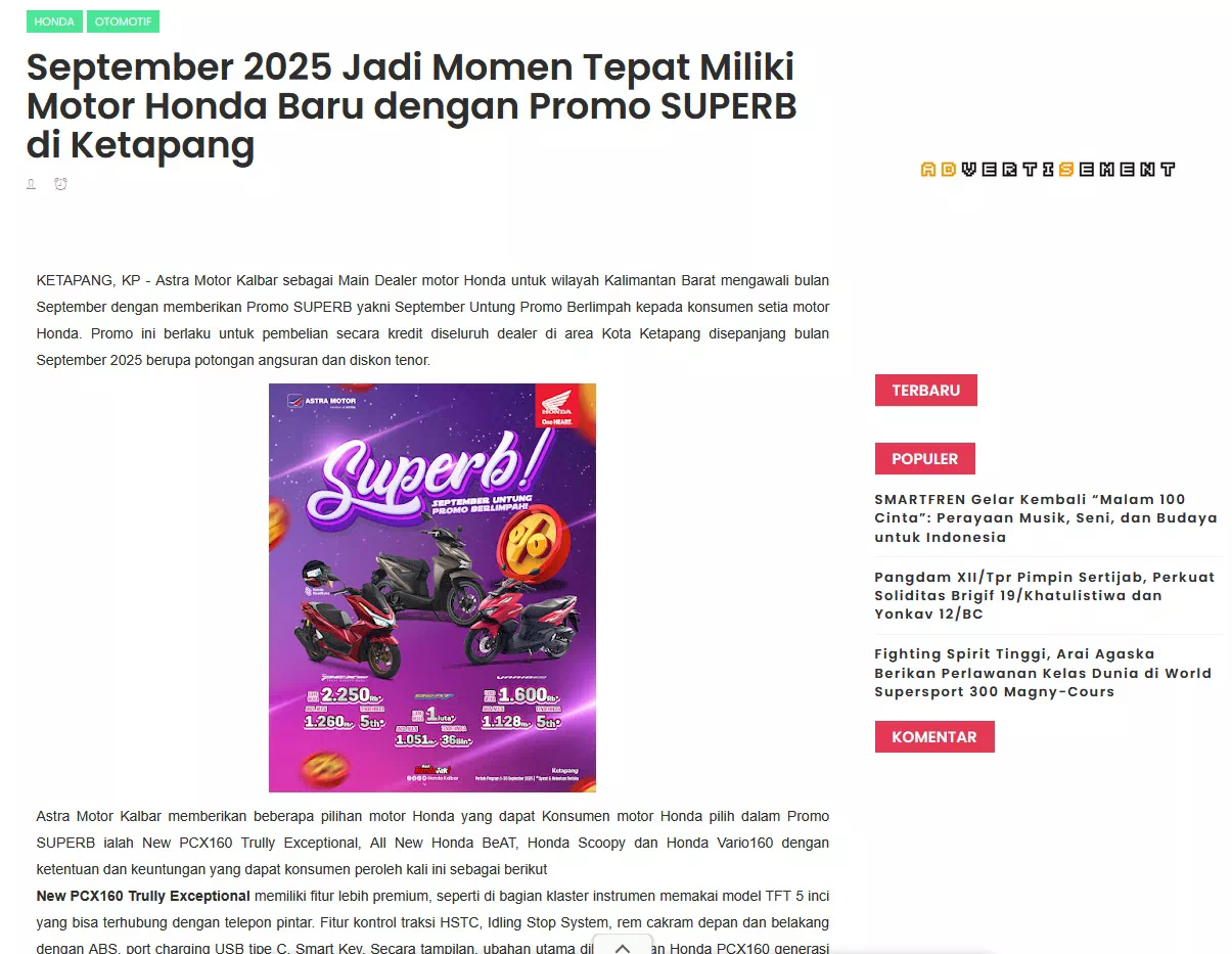 September 2025 Jadi Momen Tepat Miliki Motor Honda Baru dengan Promo SUPERB di Ketapang