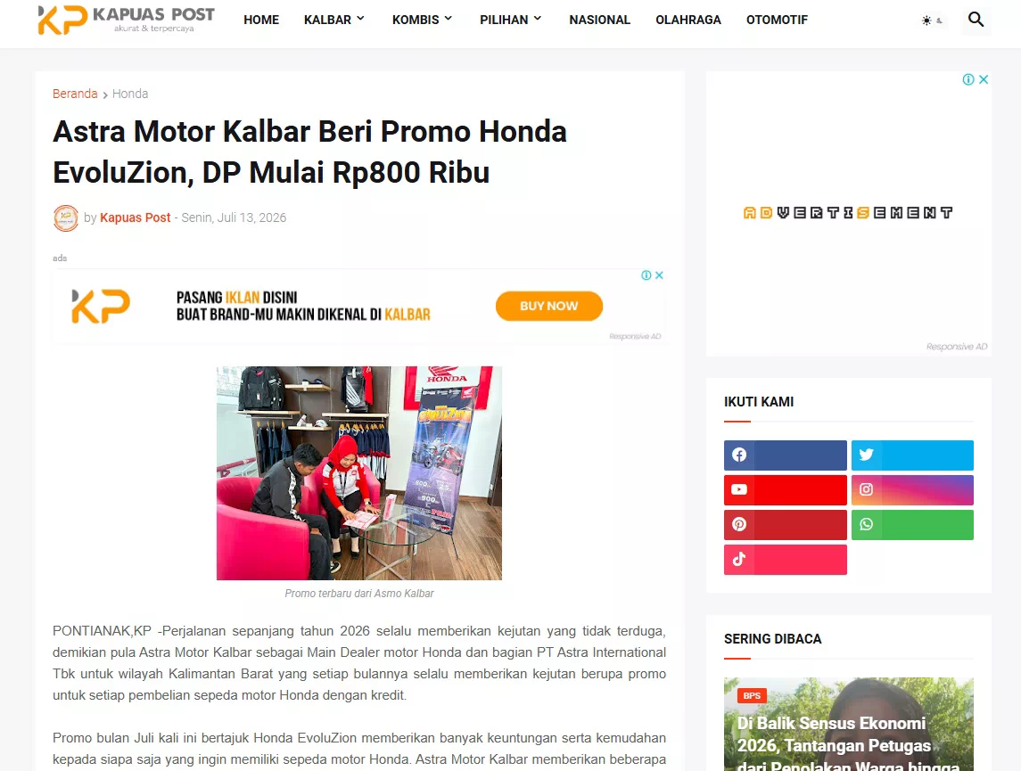 Astra Motor Kalbar Beri Promo Honda EvoluZion, DP Mulai Rp800 Ribu