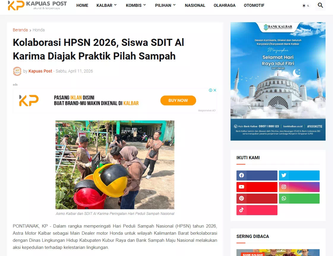 Kolaborasi HPSN 2026, Siswa SDIT Al Karima Diajak Praktik Pilah Sampah