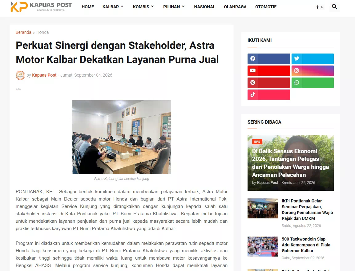 Perkuat Sinergi dengan Stakeholder, Astra Motor Kalbar Dekatkan Layanan Purna Jual