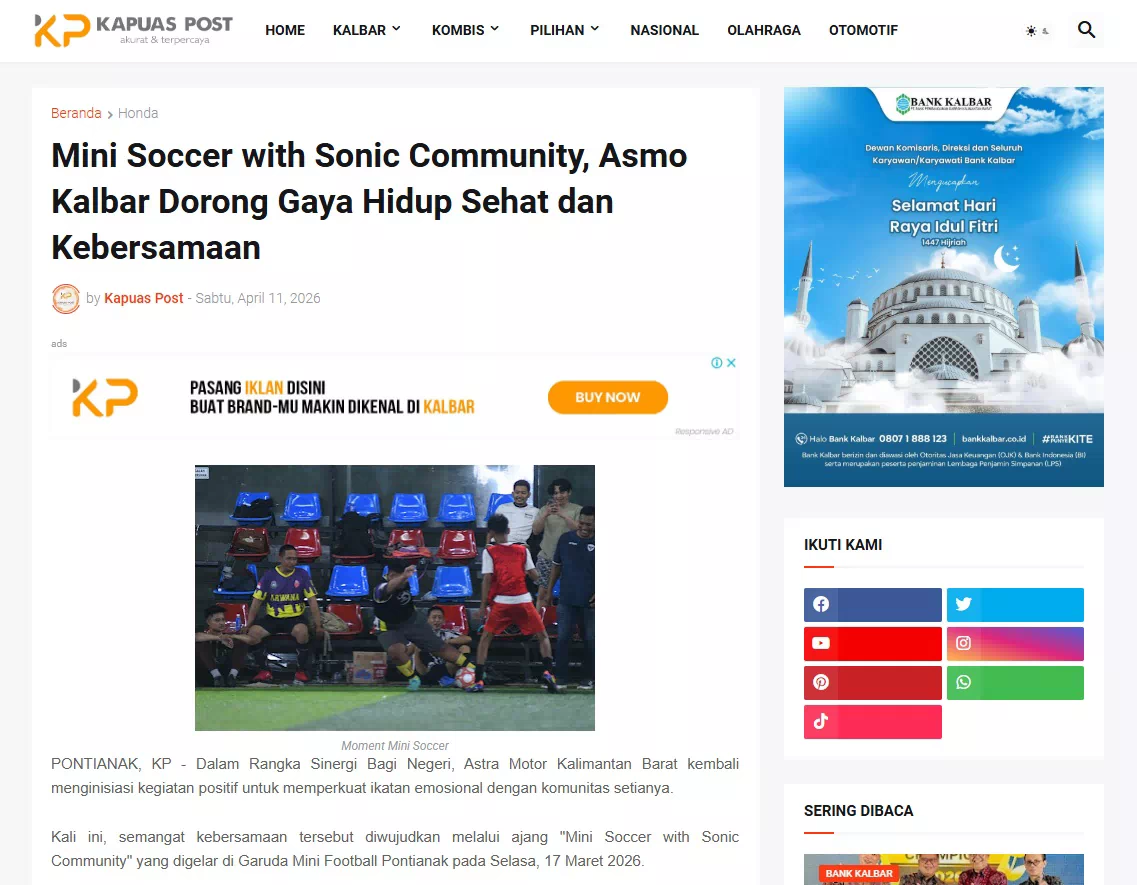 Mini Soccer with Sonic Community, Asmo Kalbar Dorong Gaya Hidup Sehat dan Kebersamaan