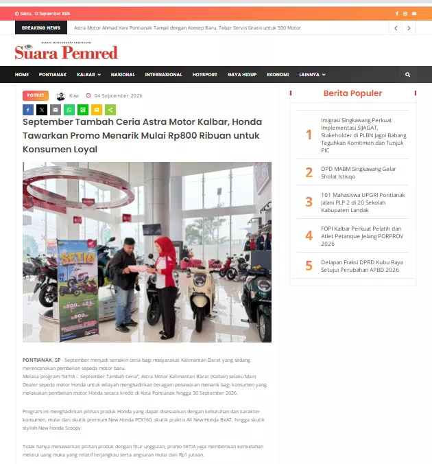 September Tambah Ceria Astra Motor Kalbar, Honda Tawarkan Promo Menarik Mulai Rp800 Ribuan untuk Konsumen Loyal