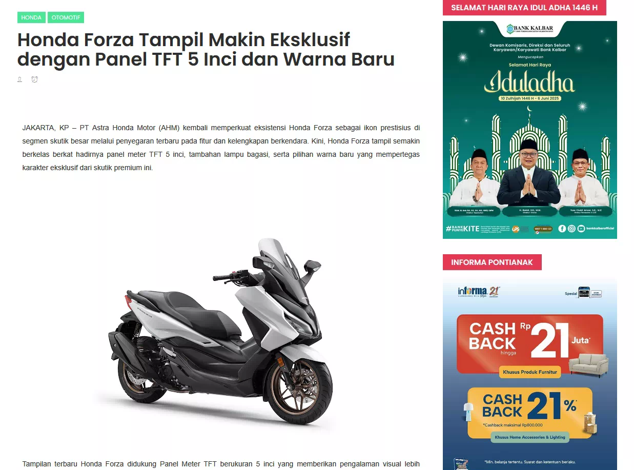 Honda Forza Tampil Makin Eksklusif dengan Panel TFT 5 Inci dan Warna Baru