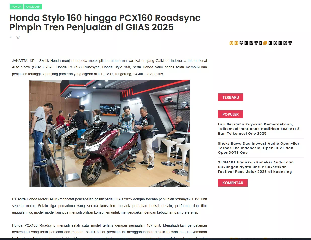 Honda Stylo 160 hingga PCX160 Roadsync Pimpin Tren Penjualan di GIIAS 2025