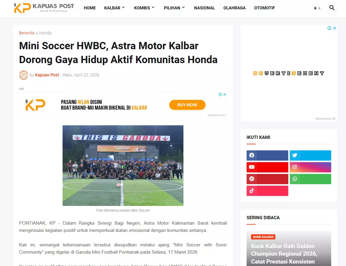 Mini Soccer HWBC, Astra Motor Kalbar Dorong Gaya Hidup Aktif Komunitas Honda