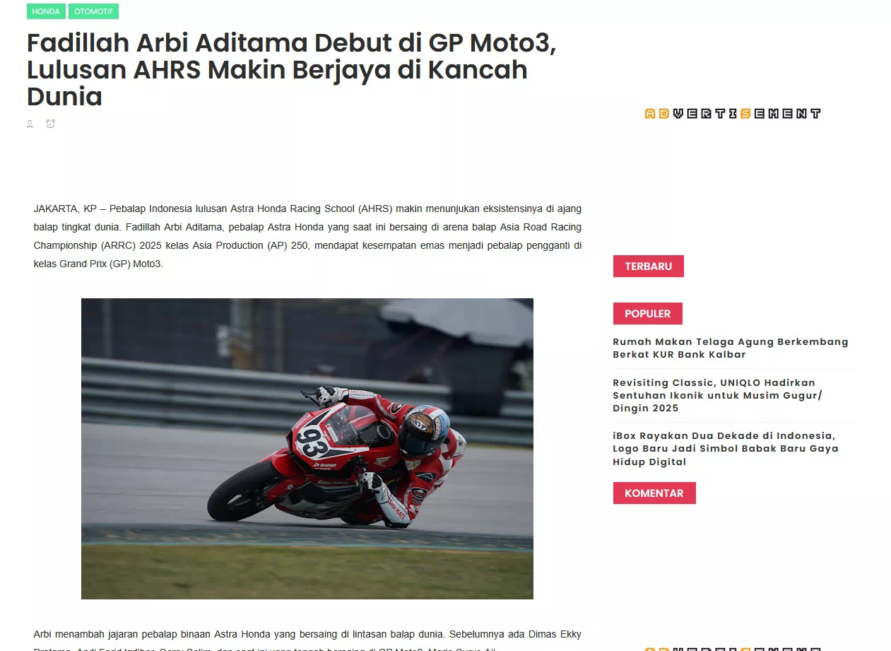 Fadillah Arbi Aditama Debut di GP Moto3, Lulusan AHRS Makin Berjaya di Kancah Dunia