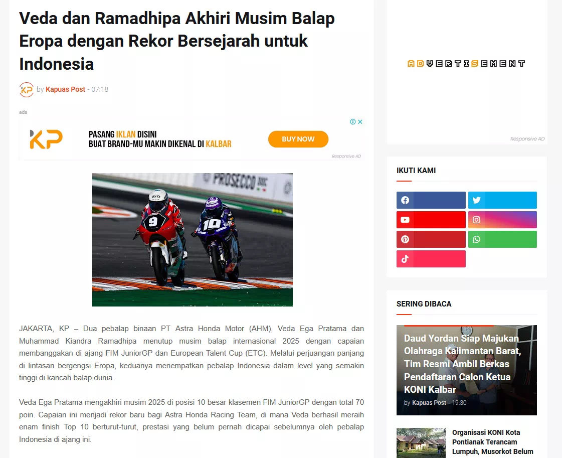Veda dan Ramadhipa Akhiri Musim Balap Eropa dengan Rekor Bersejarah untuk Indonesia