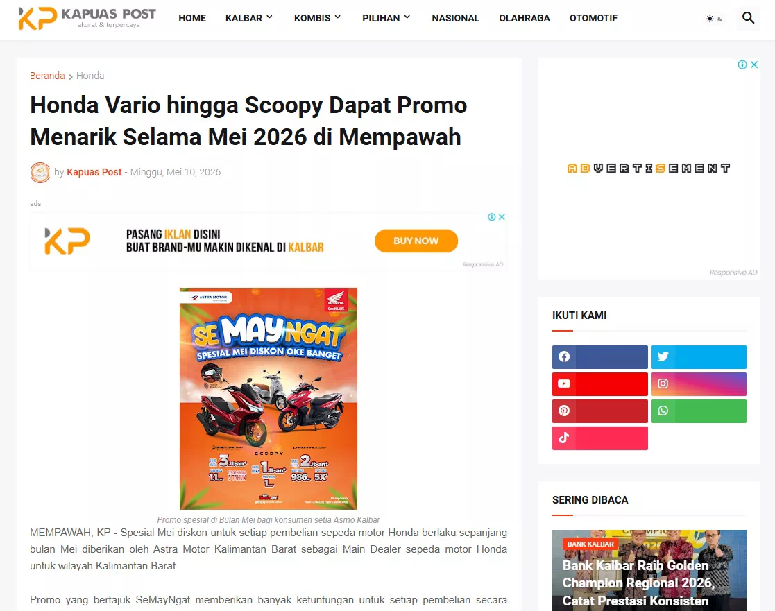 Honda Vario hingga Scoopy Dapat Promo Menarik Selama Mei 2026 di Mempawah