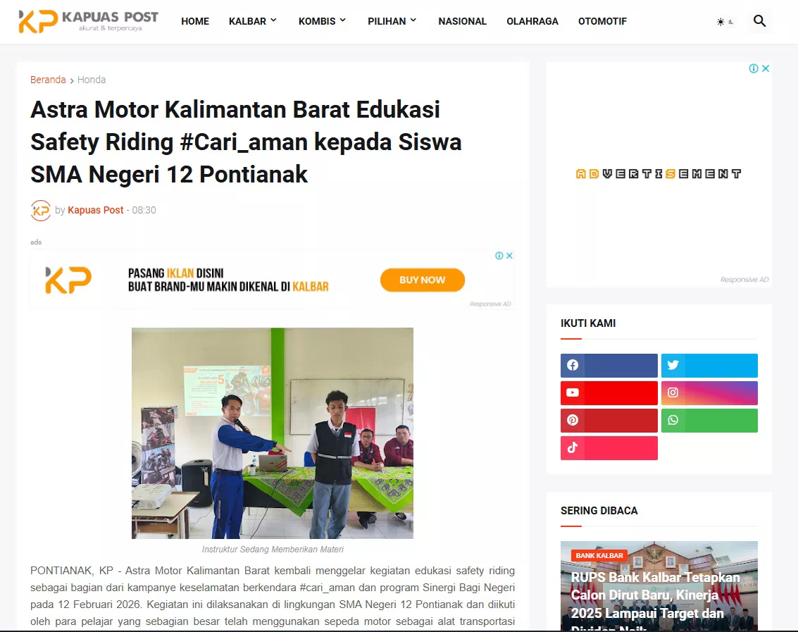 Astra Motor Kalimantan Barat Edukasi Safety Riding #Cari_aman kepada Siswa SMA Negeri 12 Pontianak
