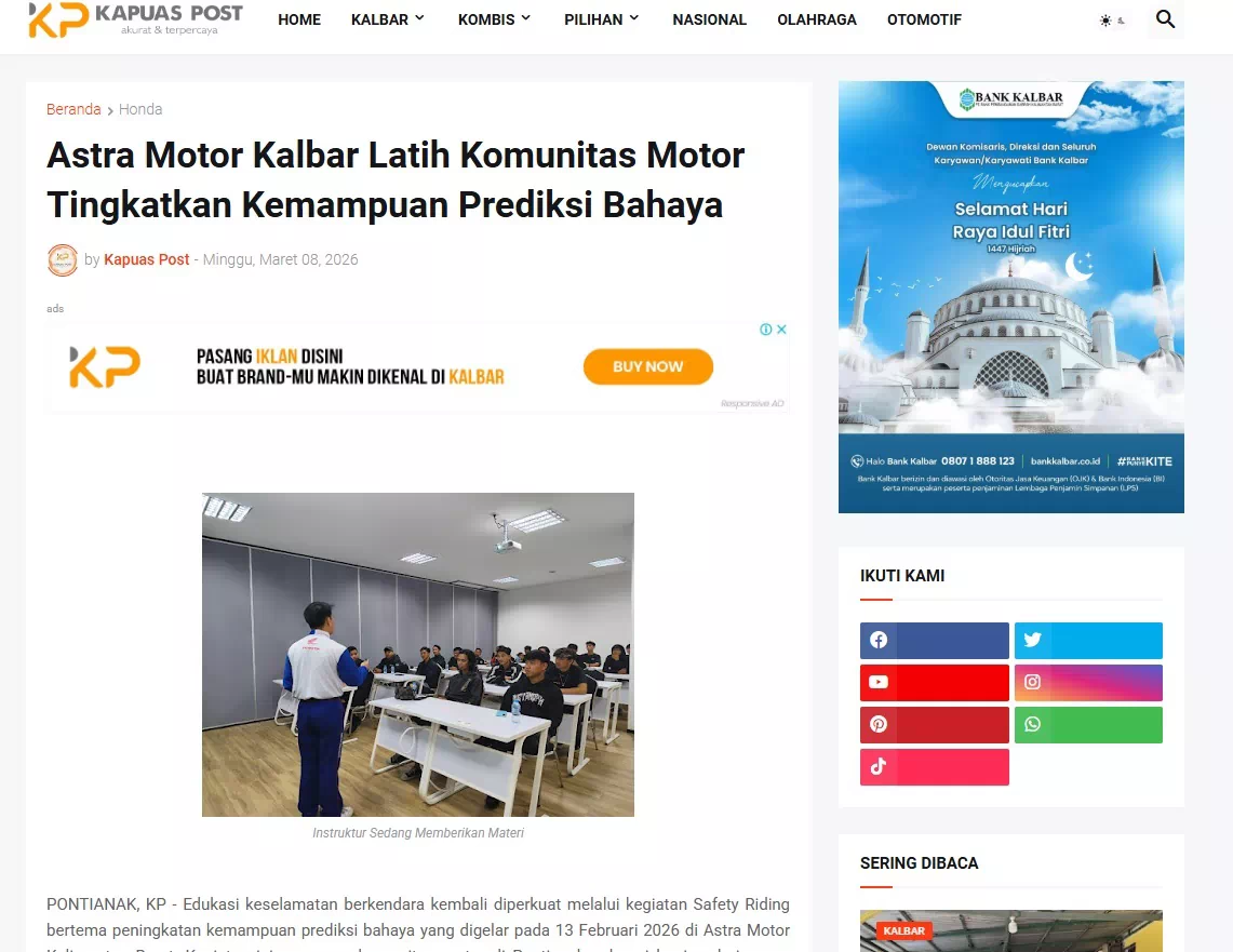 Astra Motor Kalbar Latih Komunitas Motor Tingkatkan Kemampuan Prediksi Bahaya