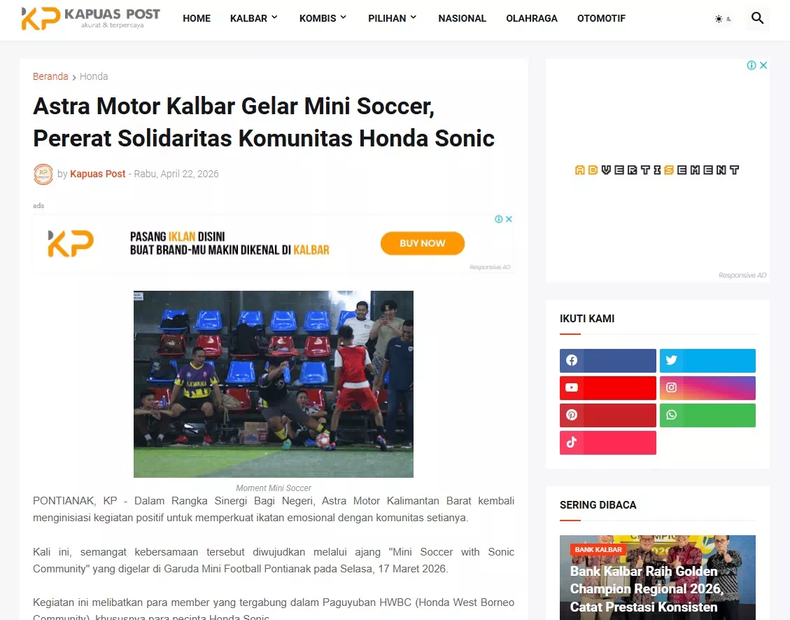 Astra Motor Kalbar Gelar Mini Soccer, Pererat Solidaritas Komunitas Honda Sonic