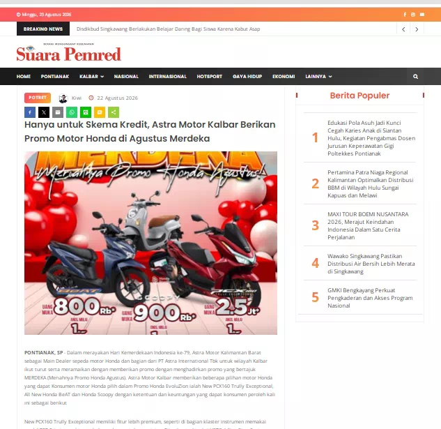 Hanya untuk Skema Kredit, Astra Motor Kalbar Berikan Promo Motor Honda di Agustus Merdeka