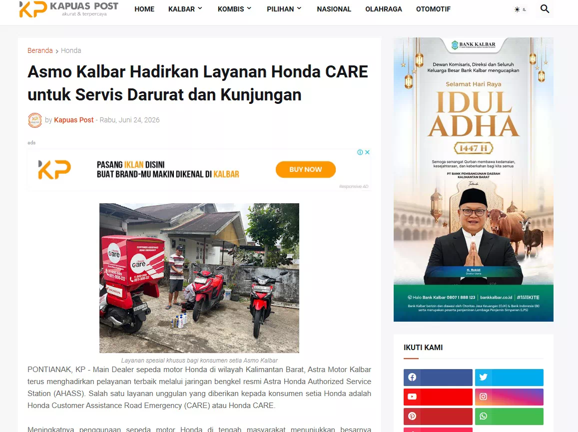 Asmo Kalbar Hadirkan Layanan Honda CARE untuk Servis Darurat dan Kunjungan