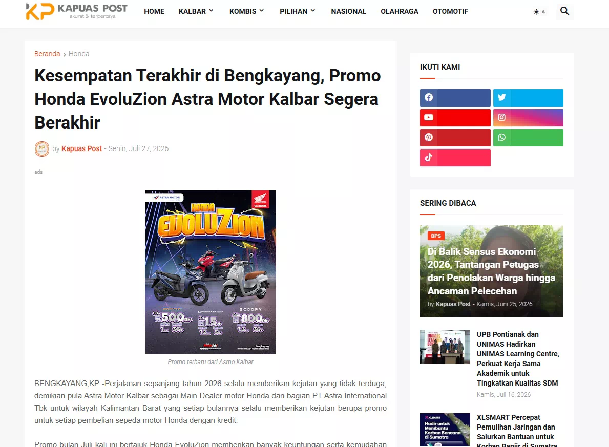 Kesempatan Terakhir di Bengkayang, Promo Honda EvoluZion Astra Motor Kalbar Segera Berakhir