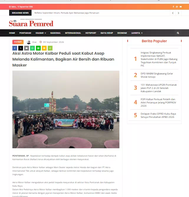 Aksi Astra Motor Kalbar Peduli saat Kabut Asap Melanda Kalimantan, Bagikan Air Bersih dan Ribuan Masker
