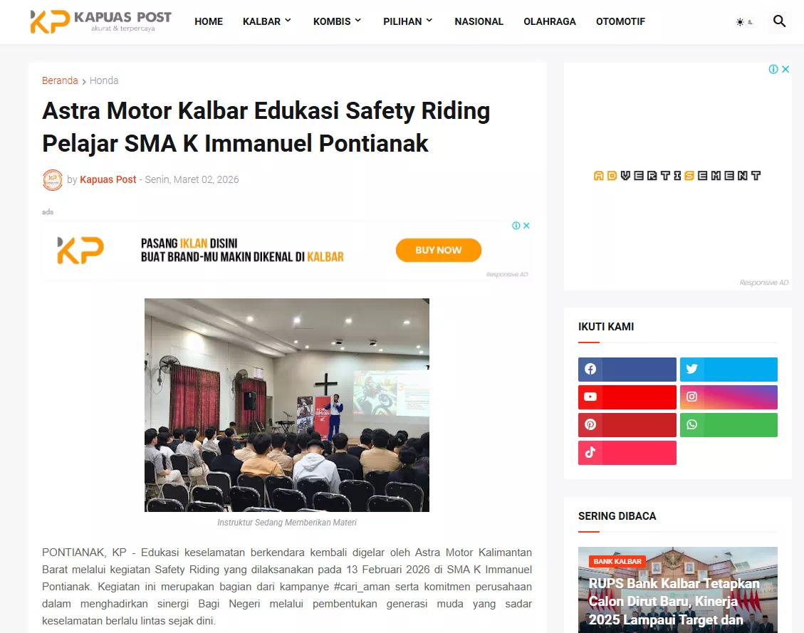 Astra Motor Kalbar Edukasi Safety Riding Pelajar SMA K Immanuel Pontianak