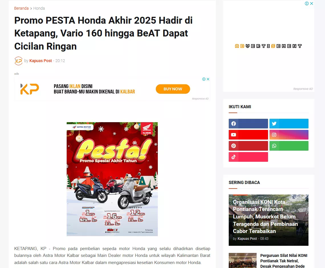 Promo PESTA Honda Akhir 2025 Hadir di Ketapang, Vario 160 hingga BeAT Dapat Cicilan Ringan