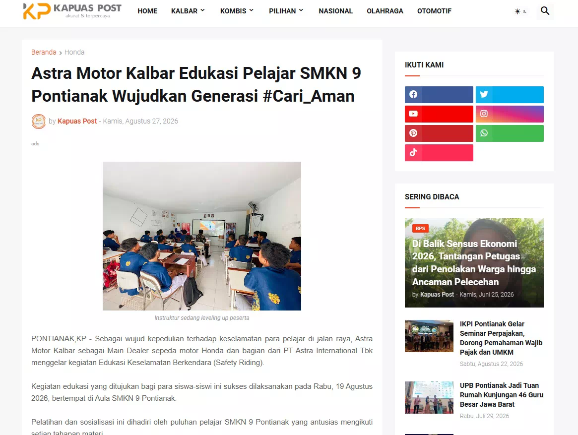 Astra Motor Kalbar Edukasi Pelajar SMKN 9 Pontianak Wujudkan Generasi #Cari_Aman