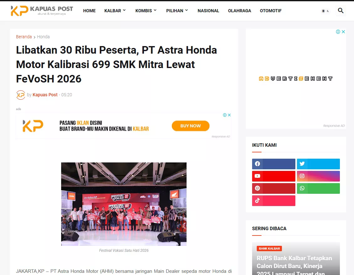 Libatkan 30 Ribu Peserta, PT Astra Honda Motor Kalibrasi 699 SMK Mitra Lewat FeVoSH 2026