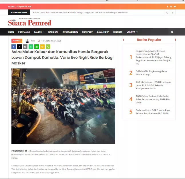 Astra Motor Kalbar dan Komunitas Honda Bergerak Lawan Dampak Karhutla: Vario Evo Night Ride Berbagi Masker