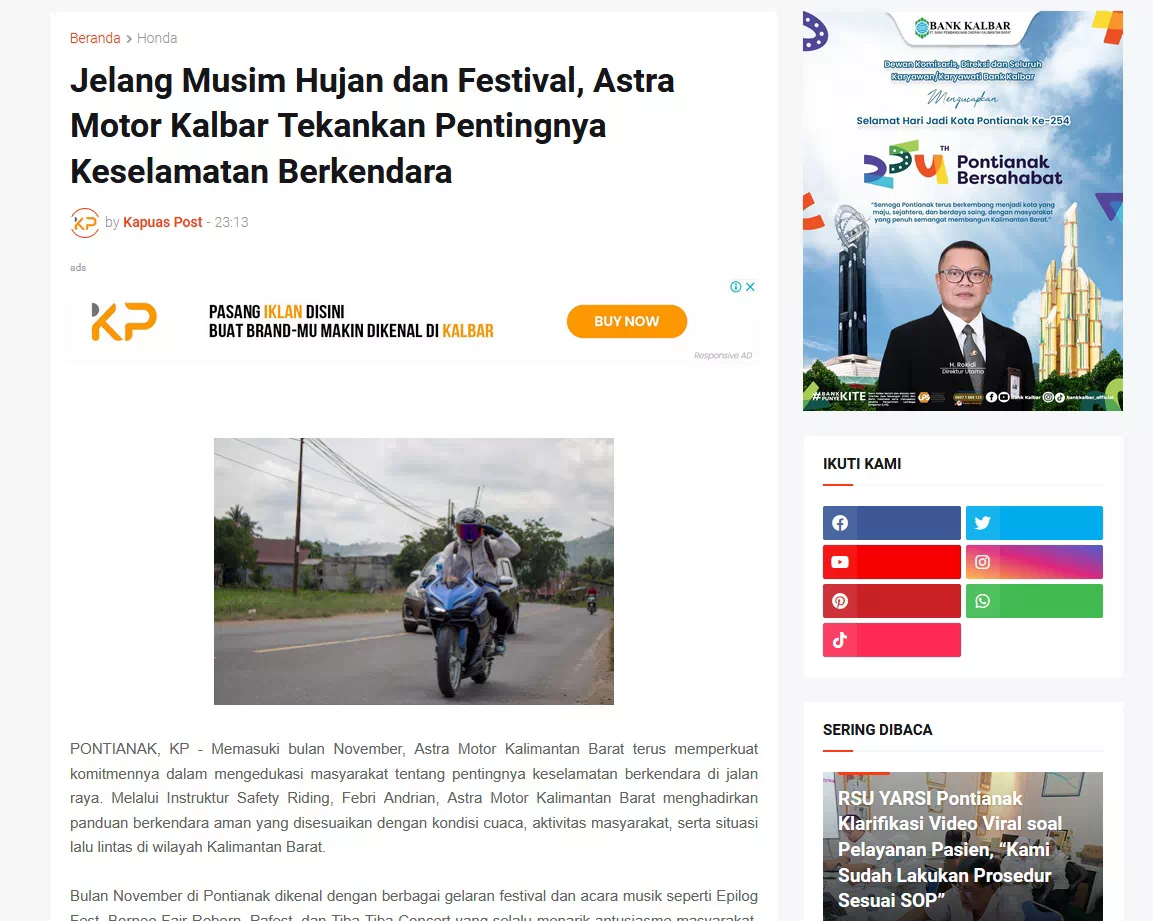 Jelang Musim Hujan dan Festival, Astra Motor Kalbar Tekankan Pentingnya Keselamatan Berkendara