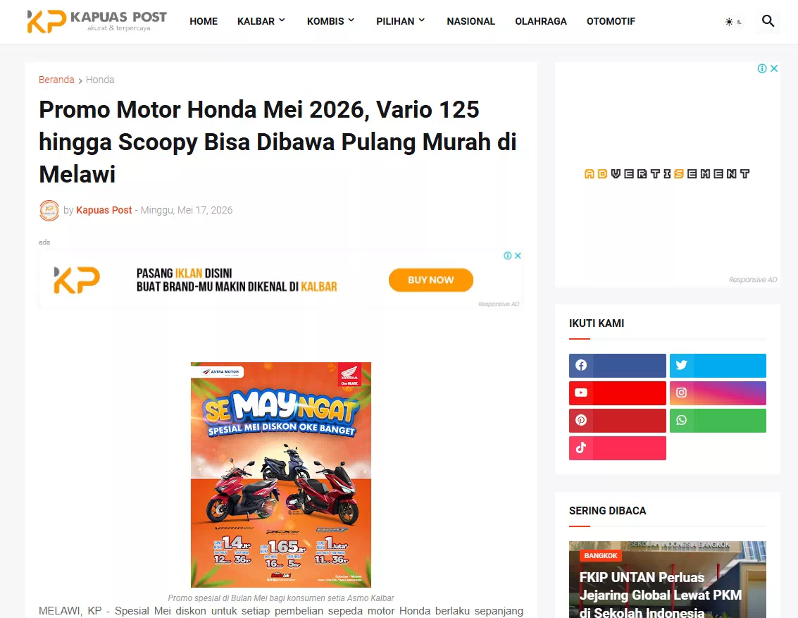 Promo Motor Honda Mei 2026, Vario 125 hingga Scoopy Bisa Dibawa Pulang Murah di Melawi