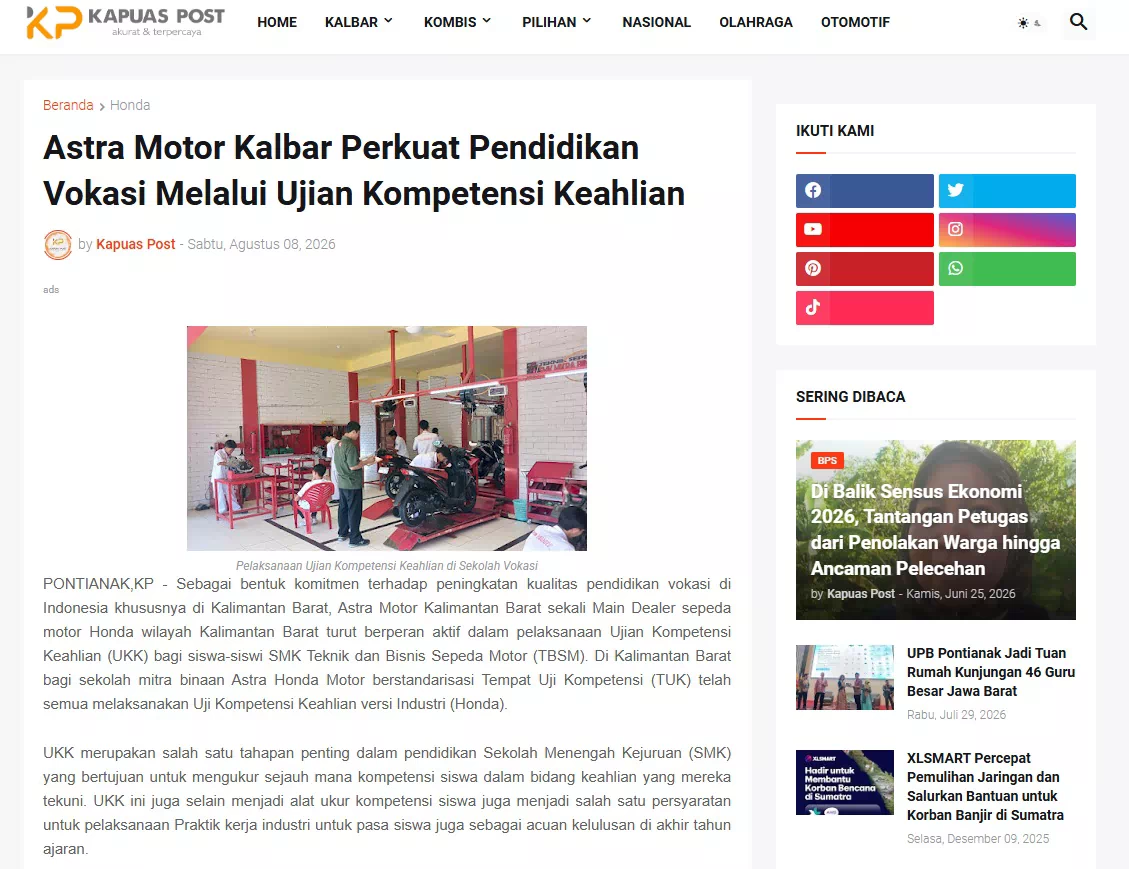 Astra Motor Kalbar Perkuat Pendidikan Vokasi Melalui Ujian Kompetensi Keahlian