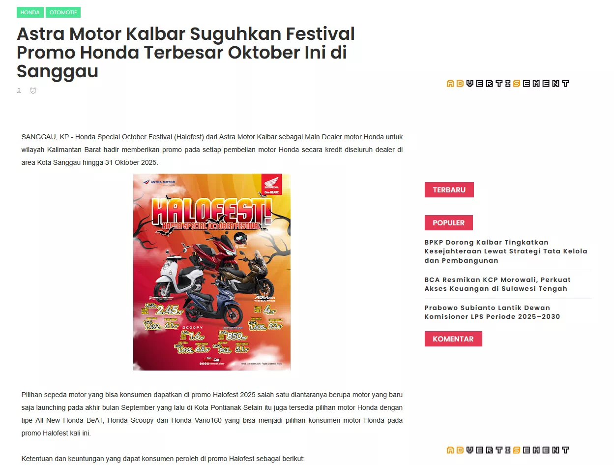 Astra Motor Kalbar Suguhkan Festival Promo Honda Terbesar Oktober Ini di Sanggau