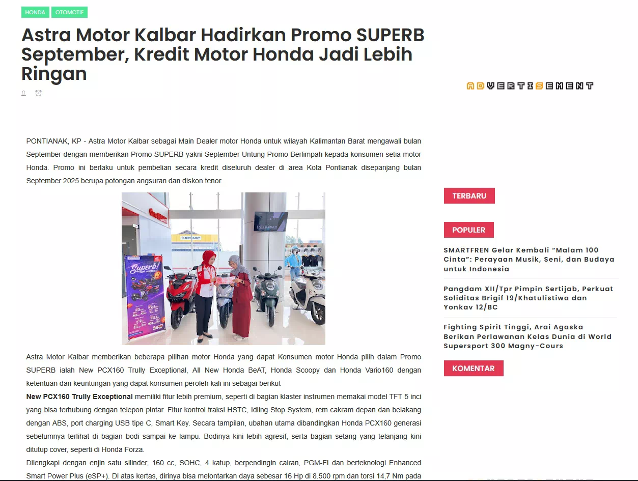 Astra Motor Kalbar Hadirkan Promo SUPERB September, Kredit Motor Honda Jadi Lebih Ringan