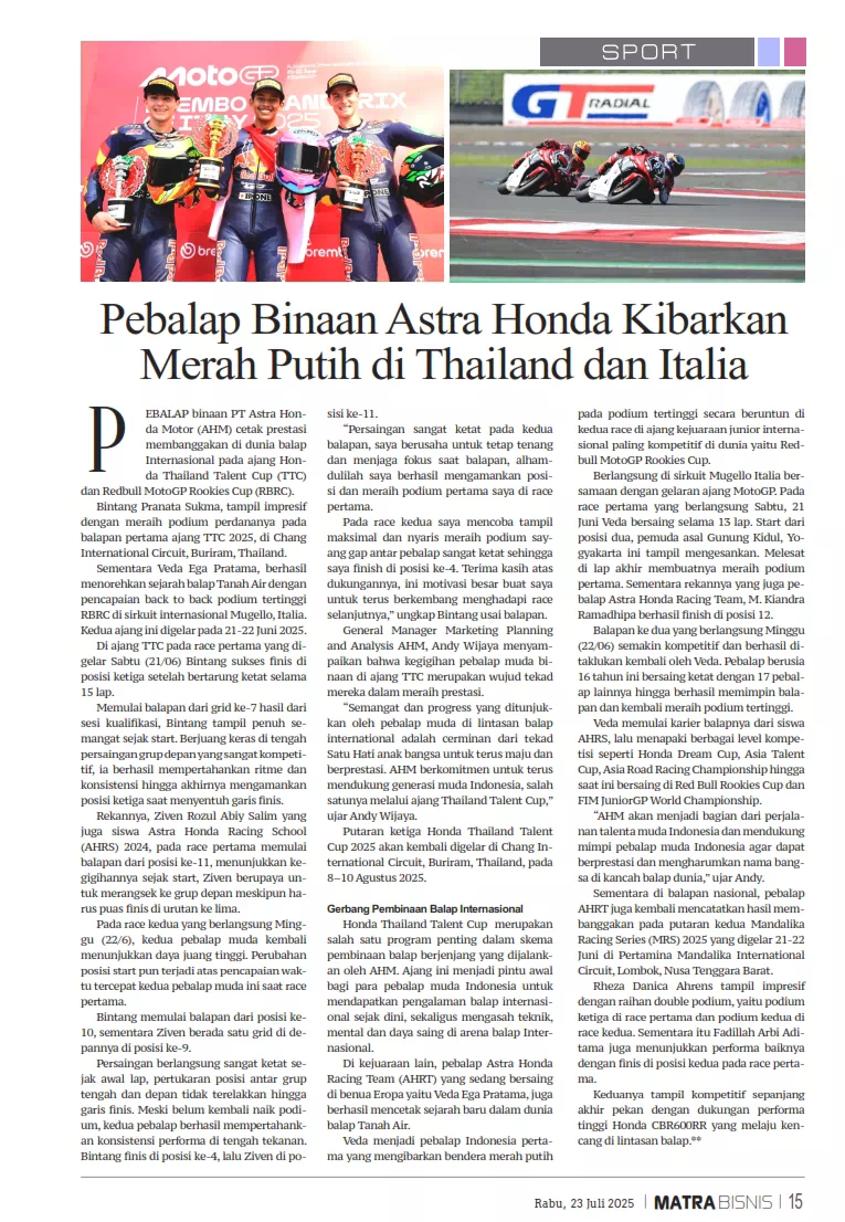 Pebalap Binaan Astra Honda KibarkanMerah Putih di Thailand dan Italia