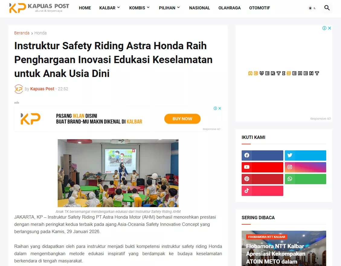 Instruktur Safety Riding Astra Honda Raih Penghargaan Inovasi Edukasi Keselamatan untuk Anak Usia Dini