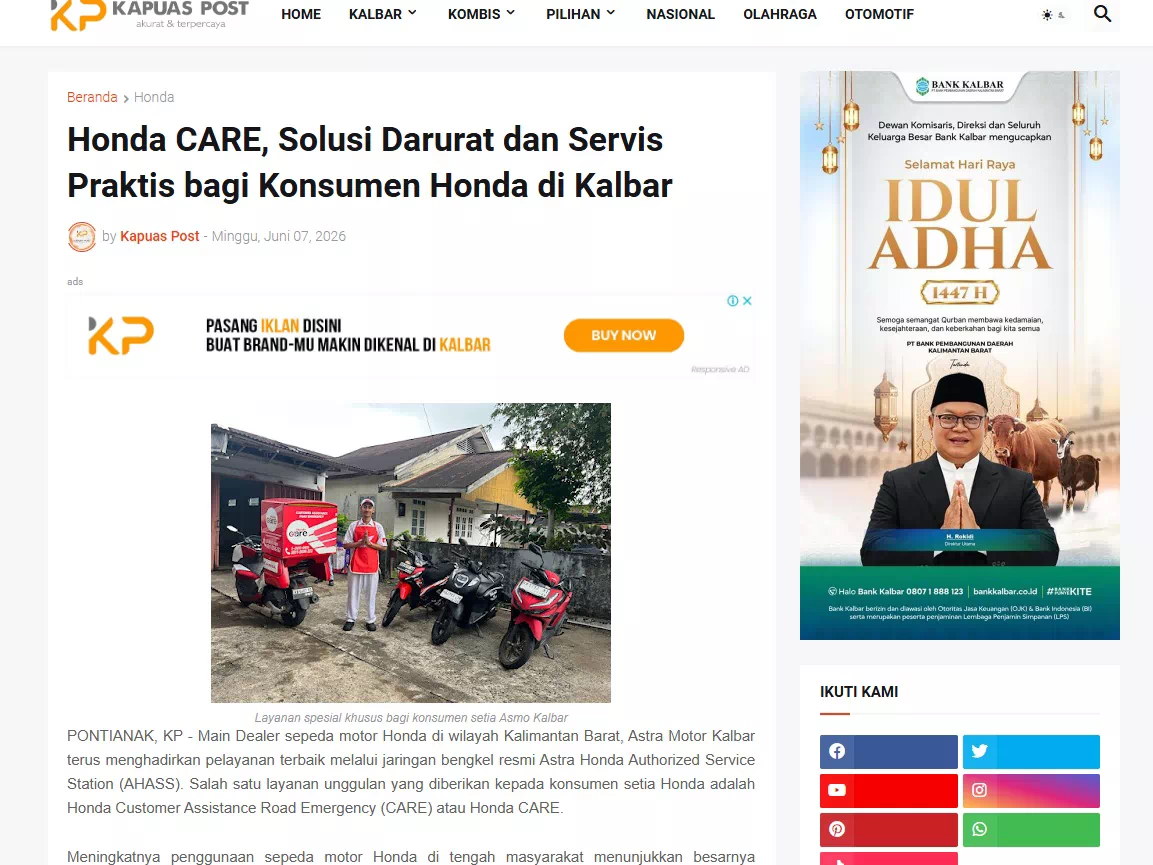 Honda CARE, Solusi Darurat dan Servis Praktis bagi Konsumen Honda di Kalbar