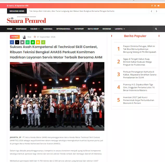 Sukses Asah Kompetensi di Technical Skill Contest, Ribuan Teknisi Bengkel AHASS Perkuat Komitmen Hadirkan Layanan Servis Motor Terbaik Bersama AHM