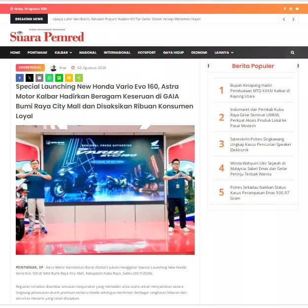 Special Launching New Honda Vario Evo 160, Astra Motor Kalbar Hadirkan Beragam Keseruan di GAIA Bumi Raya City Mall dan Disaksikan Ribuan Konsumen Loyal