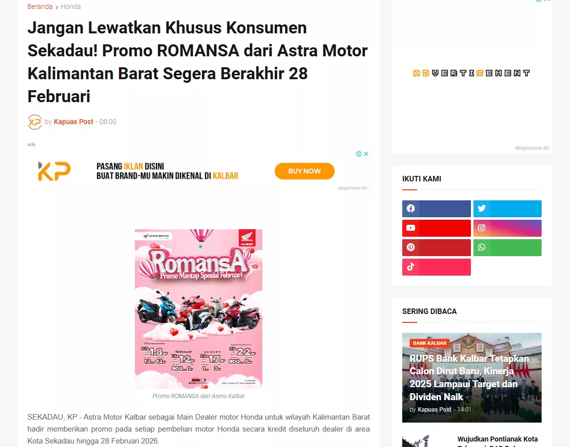 Jangan Lewatkan Khusus Konsumen Sekadau! Promo ROMANSA dari Astra Motor Kalimantan Barat Segera Berakhir 28 Februari