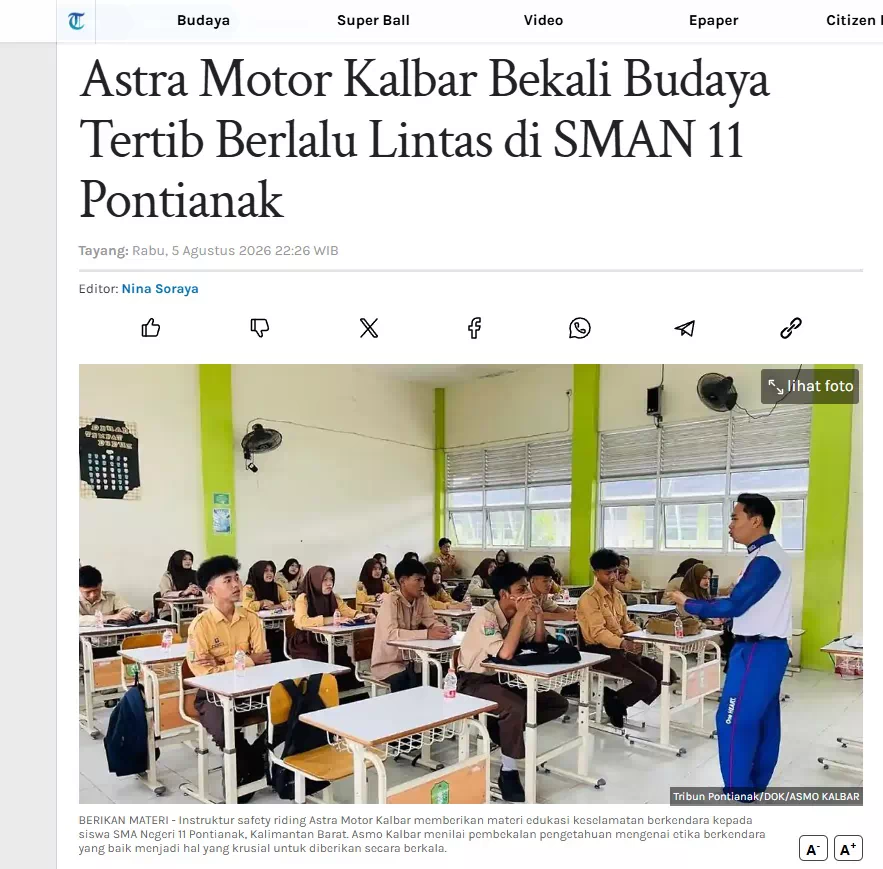 Astra Motor Kalbar Bekali Budaya Tertib Berlalu Lintas di SMAN 11 Pontianak