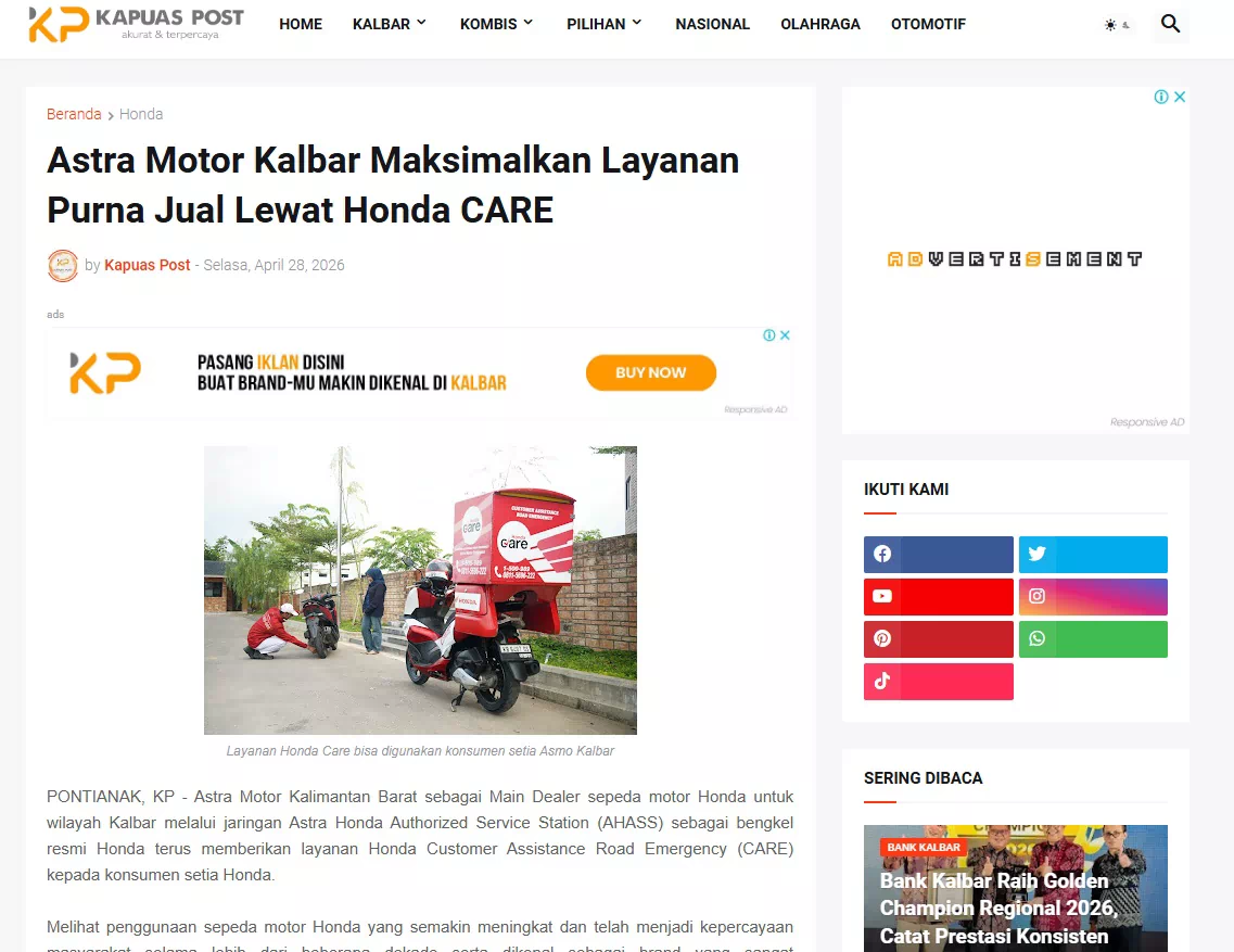 Astra Motor Kalbar Maksimalkan Layanan Purna Jual Lewat Honda CARE