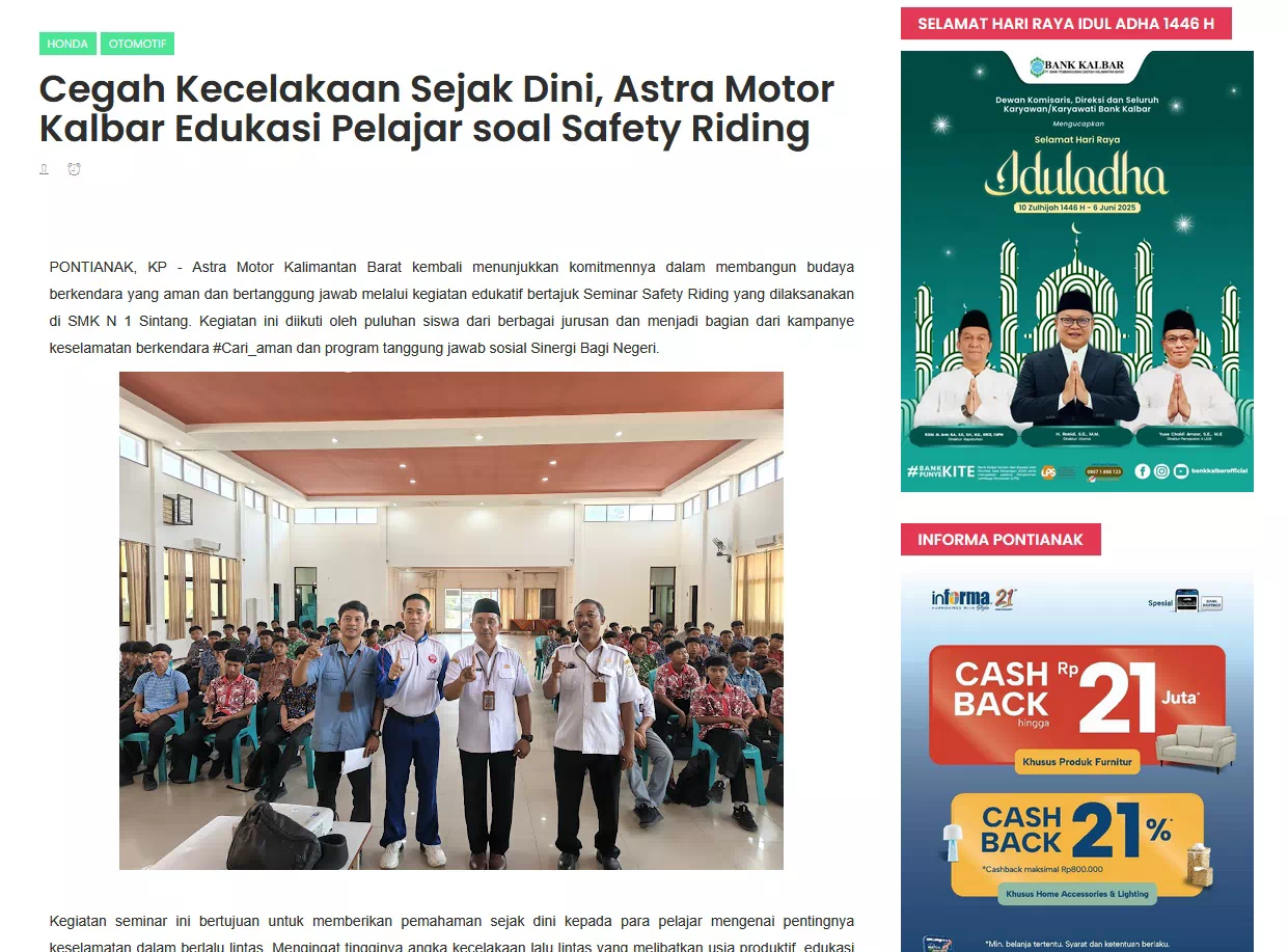 Cegah Kecelakaan Sejak Dini, Astra Motor Kalbar Edukasi Pelajar soal Safety Riding